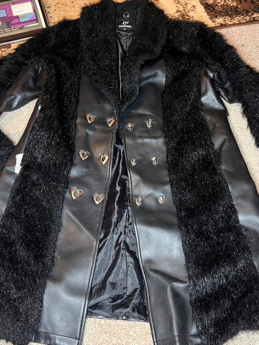 Pleather and Faux Fur XL Trench Coat Punk Grunge Goth Stripe Heart Details